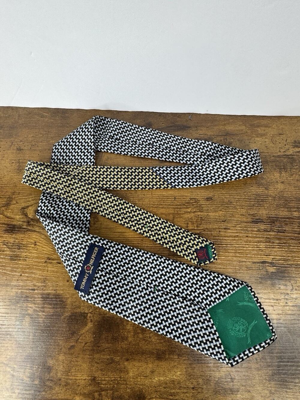 Vintage 90s Tommy Hilfiger Mens Silk Tie Two Tone Geometric Made USA Preppy